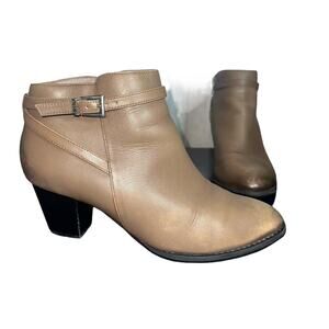 Vionic Upton Taupe Leather Ankle Boots Block Heel Zip Women’s 7.5